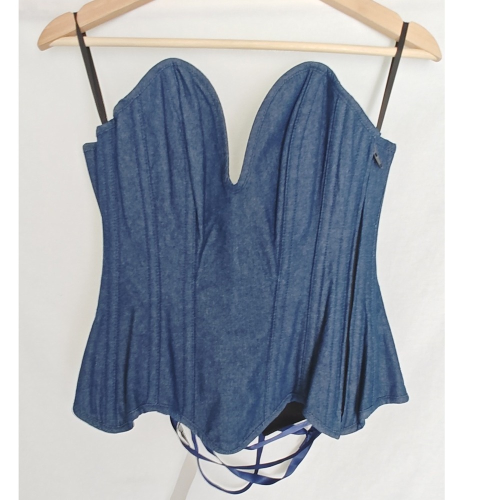 Top Drawer Daisy Corset Top Dark Blue Denim Lace Up Back XS Steel boned OverBust